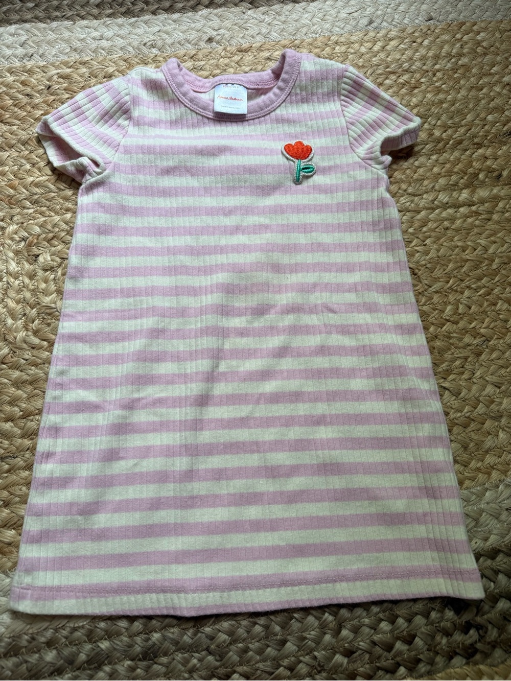 Hanna Anderson 3T Pink & Cream Striped Ribbed Knit Dress with Flower Patch